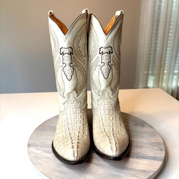 Tonny Vargas White Caiman Belly Western Boots Exotic Mexico Sole Snip Toe Sz 10 main image 5